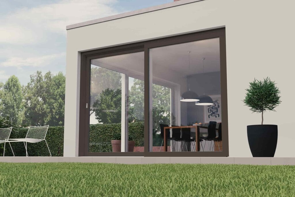 Plastový moderní HS Portál s výhledem do zahrady - vizualizace.